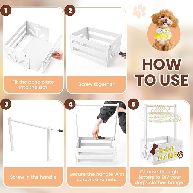 Teenyyou 20 x 13 x 9 Wooden Dog Closet Pet Wardrobe Crate Box with Hanging Rods and Personalized Alphabet Letters Easy Assembly Baskets for Dog Cat Toys Clothes Accessories(White)
