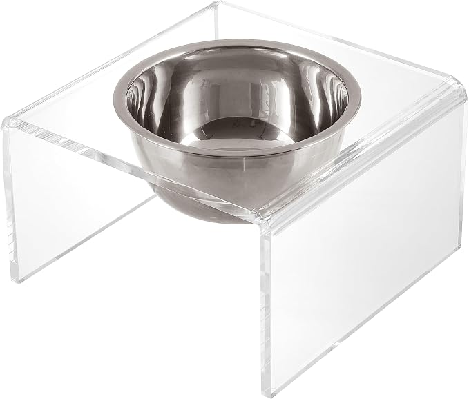 DBL2002A Keaton 5" Small/Medium Modern Acrylic Rectangular Elevated Pet Feeder with 20oz 1-Stainless Steel Bowl, Clear/Chrome