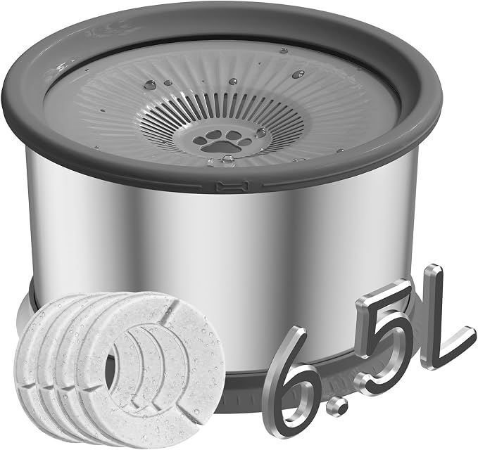 6.5L Dog Water Bowl No Spill 1.6 Gallon Stainless Steel Water Bowl with 4 Filters for Dogs 220oz Large Capacity No Splash Slow Drinking Feeder with Anti-Slip Mat for Messy Drinkers