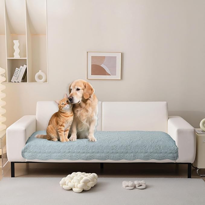 HANDONTIME Pet Protector Furniture Covers - Cotton Couch Cushion Covers, Embroidery Jacquard Dog Couch Cover Sofa Cover for Dogs, Soft Pet Friendly Sofa Protector Washable (Misty Blue, 35.4" x 82.7")