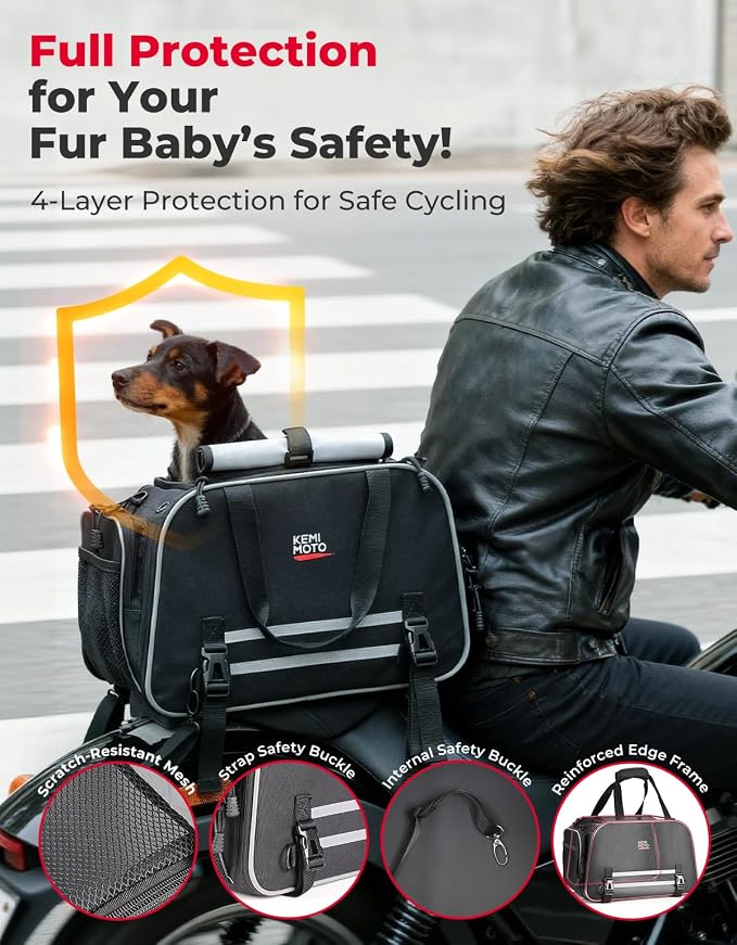 KEMIMOTO Motorcycle Dog Carrier Expandable for Small Dog & Cats Under 17lbs | Fit for Motorcycle Luggage Rack or Passenger Seat, Airline Approved Pet Carrier with Shoulder Strap, Folding & Portable