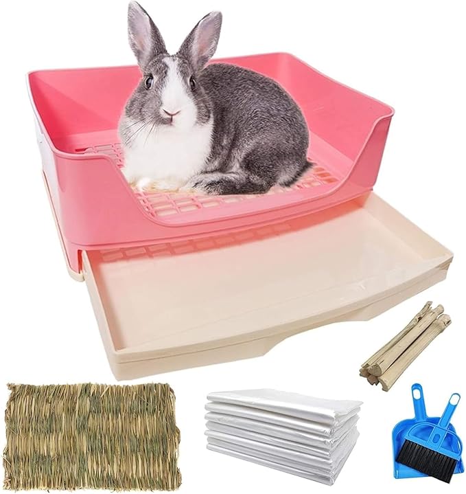 kathson Large Rabbit Litter Box with Drawer, Bunny Potty Trainer Corner Toilet Guinea Pig Litter Box Bigger Pet Pan with Grass Mat for Chinchilla, Ferret, Hamster (Pink)