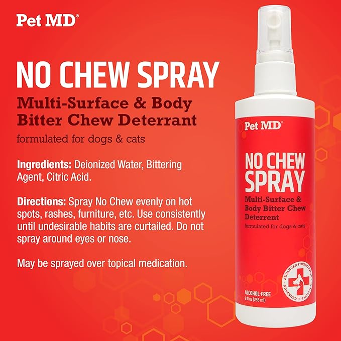 Pet MD No Chew Spray for Dogs & Cats - Multi-Surface Bitter Spray to Stop Biting & Chewing - Dog Deterrent Spray for Carpet, Furniture, Plants, & Skin - Anti Licking Cat Training Spray - 8 oz