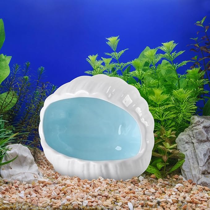 AnRui Cute Ceramic Aquarium Decorations Large Conch Shell-Shaped House Thematic Betta Fish Tank Accessory Decor Ornament Hideout Cave for Fish Playing or Hiding, Blue