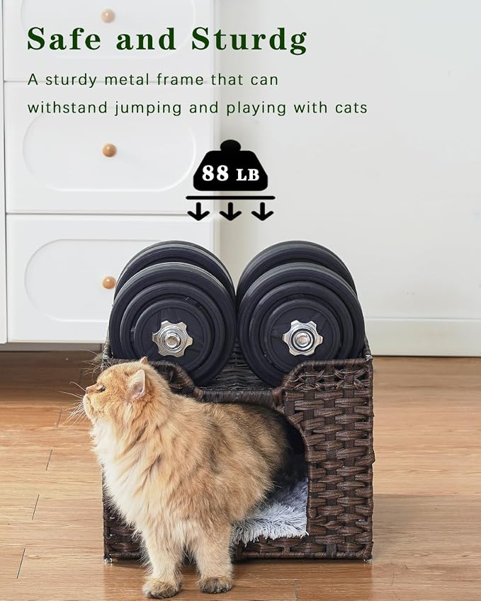 SETVSON Cat Beds Indoor Kitten House, Handwoven PE Rattan Cave, Brown | Double-Layer Rattan Pet Cube, Double-Sided Cushion Bed, Foldable Steel Frame, 2 S-Hooks, 16.5x16.5x13.2 In Hideaway