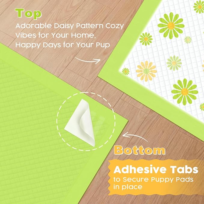 MIZOK Puppy Pads with Adhesive Tabs Green Daisy Prints Small 22x22in 100Ct | Cute Printed Wee Wee Pads for Dogs Feature Fun Designs and Sticky Bottom Strips to Keep Indoor Training Mess Free