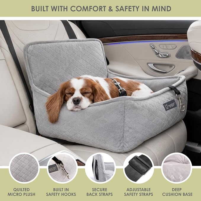 NANDOG Luxury Dog Car Seat Bed for Medium Dogs, Micro Plush Pet Seat with Removable & Washable Cushion Insert, Thick Safety Seatbelt Straps, Secure Travel Carrier, Light Grey, 22" L x 18" W