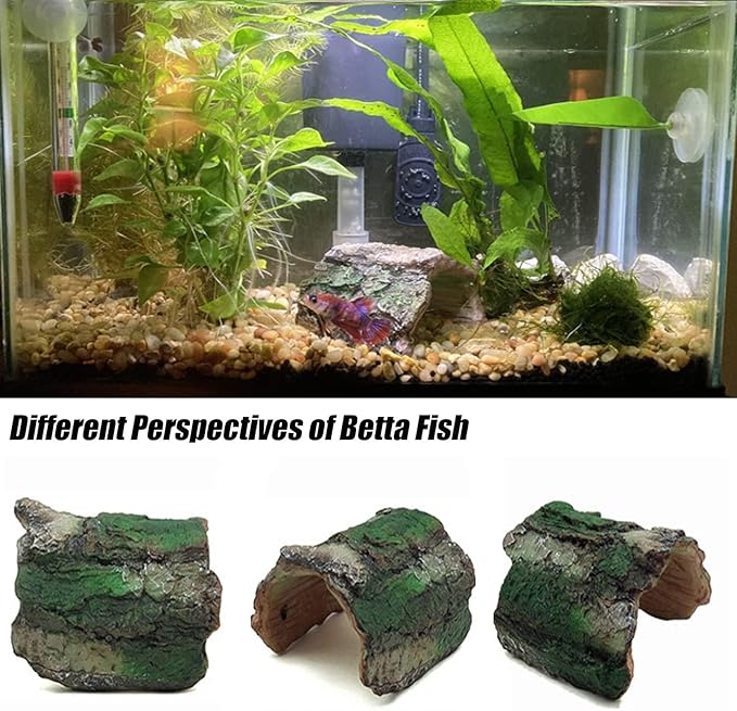 Betta Log Resin Hollow Tree Trunk Ornament, Aquarium Hideout Reptile Cave Ornament Terrarium Fish Tank Decoration-(4Pcs)