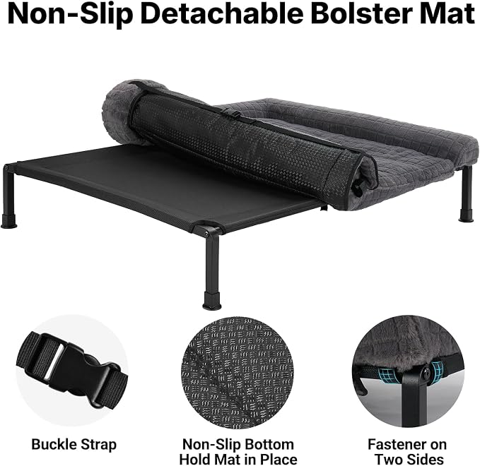 Veehoo Elevated Dog Bed with Fluffy Plush Bolster Cushion, Dog Couch Bed | Cooling Raised Dog Bed for Large Dogs, Washable Orthopedic Pet Cot with Removable Mat, Breathable Mesh, Non-Slip, 42", Grey