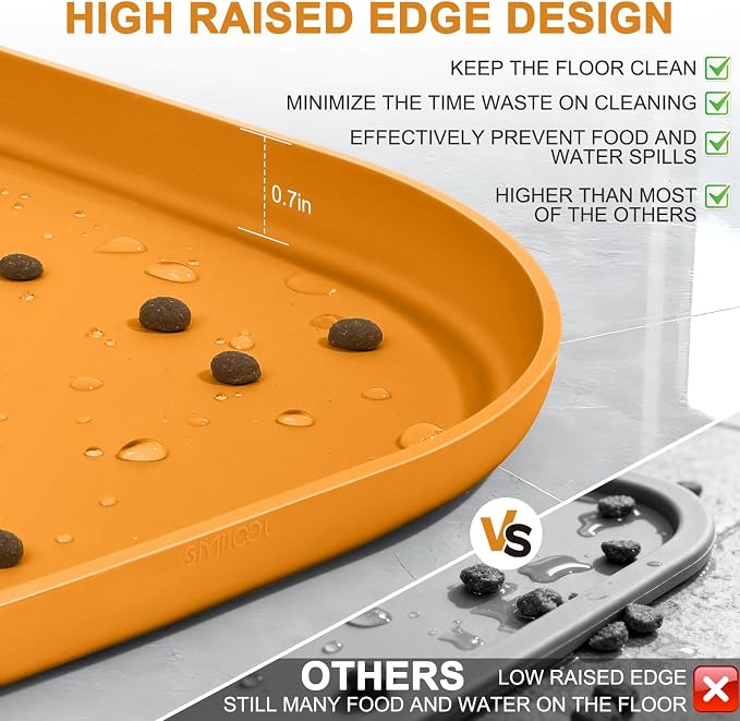 SMILOOL Waterproof Silicone Pet Food Mat with Raised Edge for Dog & Cat | 19" x 12" Non-Slip Pet Feeding Mats with Lip for Food & Water Bowl, Food Grade, Easy Cleaning, Orange