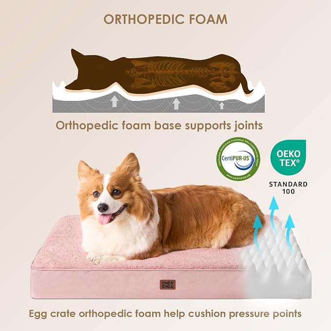EHEYCIGA Orthopedic Dog Bed Large with Removable Washable Cover, 41IN Pink | Egg Crate Foam Support, Durable Oxford fabric, Non-Slip Bottom, Machine Washable, Soft Waterproof Plush Pet Bed Mat For Crate