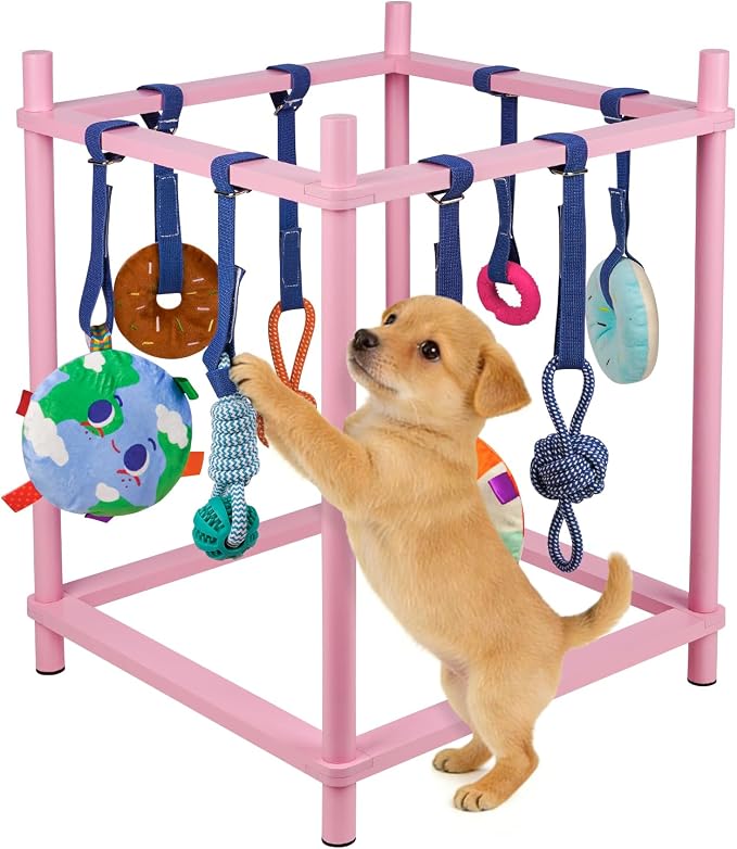 Wooden Puppy Play Gym for Small Dog with 8 Hanging Toys, Pink Frame | Wood Puppy Jungle Gym Indoor & Dog Enrichment Toys for Puppies 0-6 Months
