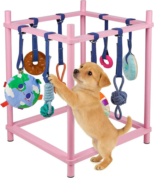 Wooden Puppy Play Gym for Small Dog with 8 Hanging Toys, Pink Frame | Wood Puppy Jungle Gym Indoor & Dog Enrichment Toys for Puppies 0-6 Months