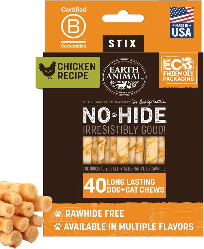 Earth Animal No Hide Stix - Rawhide Free Dog Chews Sticks 40 Count Chicken | Small Sticks Chicken Flavored Natural Rawhide Free Long Lasting Dog Chews - Pet Treats for Small Dogs and Cats