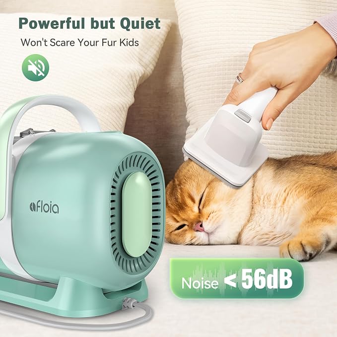 Afloia 6-in-1 Dog Grooming Vacuum Kit, Pet Clipper & Nail Grinder, Green | All-in-one grooming covers brushing, clipping, trimming and nail care, 1.5L dust cup, 3 suction levels, low-noise comfort