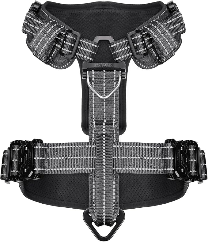 ICEFANG Dog Halter Harness with Metal Buckles,Dog Strap Vest X-Large Dogs | Control Handle,Summer-Cooling,Reflective,Front Hook,Adjustable,Soft Padded,No Pull,Grey,XLarge