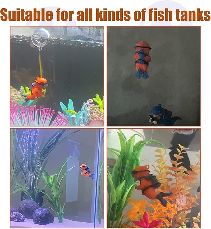 2-Pack Tank Decorations, Cute Little Diver, Aquarium Decoration Accessories Ornaments with Float Ball, Playmate for Tank Suitable for All Kinds of Fish and Tanks (Orange)