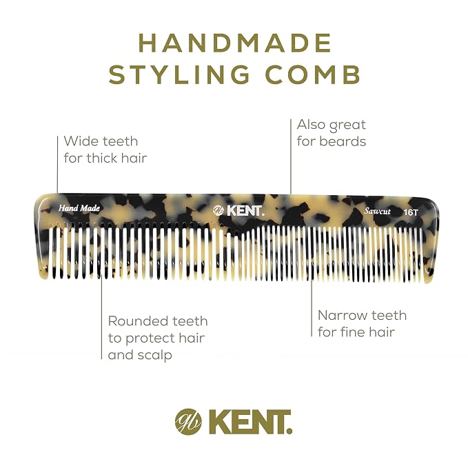Kent 16T TW Fine and Wide Tooth for Daily Grooming,Handmade Styling Comb for All Hair Types,Wet or Dry Hair Detangling Comb for Men and Women,Saw Cut Hand Polished,Made in England
