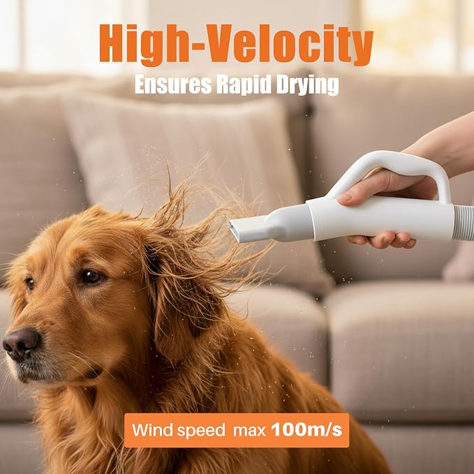 NEWBULIG Dog Hair Dryer with Heater for Grooming, Temperature Adjustable | 1550W High Velocity Speed Pet Blow Dryer with 4 Nozzles, White