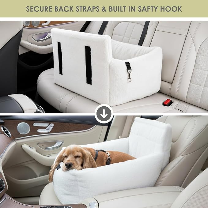 NANDOG Luxury Dog Car Seat Bed for Medium Dogs, Cloud Ultra Plush Pet Seat with Removable & Washable Cushion Insert, Thick Safety Seatbelt Straps, Secure Travel Carrier, Pearl White, 22" L x 18" W