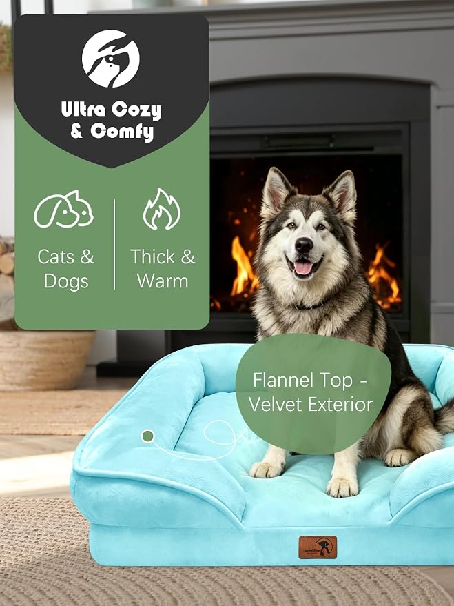 Spotted Play Orthopedic Dog Bed with Sides - Sofa Beds for Extra Large Dogs, Supportive Foam Pet Couch Bed with Washable Removable Cover, Waterproof Lining and Non-Slip Bottom, Ice Blue - XL-Plus