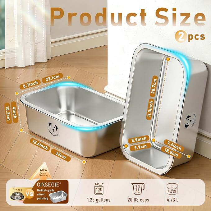2 Pack Stainless Steel Dog Bowls for Large Dogs with Non-Slip Mat, High Capacity Metal Dog Food Bowls, Food and Water Bowl for Larges, X-Large, and Big Dogs 1.25 Gallons