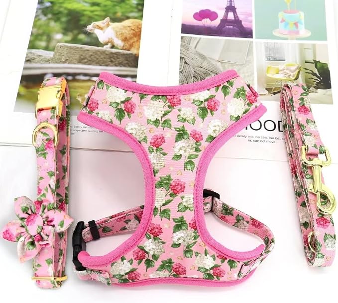 Beirui Cute Dog Collars,Harnesses,Leashes Set, Floral Pattern, Pink,M | Girl Dog Harness Set with Flower, Adjustable and Soft Mesh Lining, For Medium Dogs Daily Walks