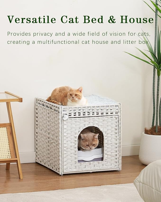 SETVSON Cat Houses for Indoor Cats Extra Large Double Cat Cave, White | Decorative Furniture Look, Private Hideaway for Shy Cats, Soft Dual-Purpose Cushion, Easy Wipe-Clean PE Rattan, Collapsible