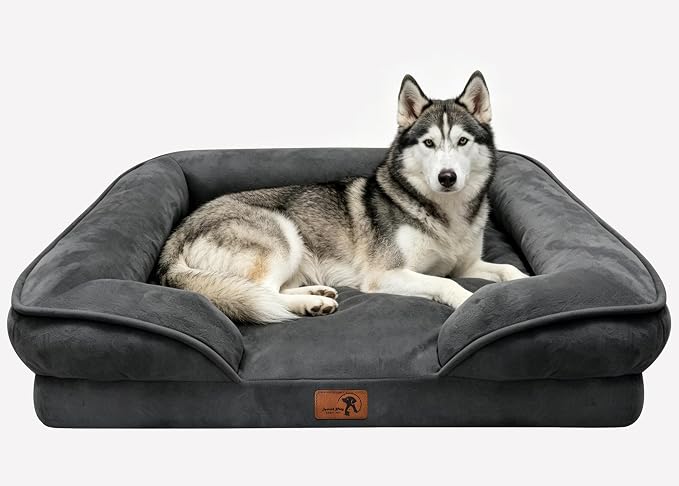Spotted Play Orthopedic Dog Bed with Sides - Sofa Beds for Large Dogs, Supportive Foam Pet Couch Bed with Washable Removable Cover, Waterproof Lining and Non-Slip Bottom, Dark Grey - L-Plus
