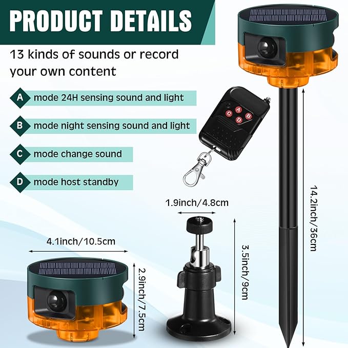 Qualirey 2 Pack Solar Outdoor Motion Sensor Alarm-Dog Barking&Gunshot Sound Support Recording Animal Deterrent for Home Security, 13 Kinds of Sounds (Yellow)