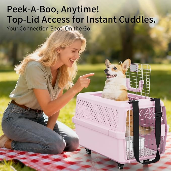 RIZZARI Pink Pet Carrier with Wheels for Cats and Small Dogs Up to 25 Lbs, Top Opening Hard-Sided Cat Carrier, Rolling Travel Kennel with Pull Strap, Feeding Bowl, Metal Door and Ventilated Design
