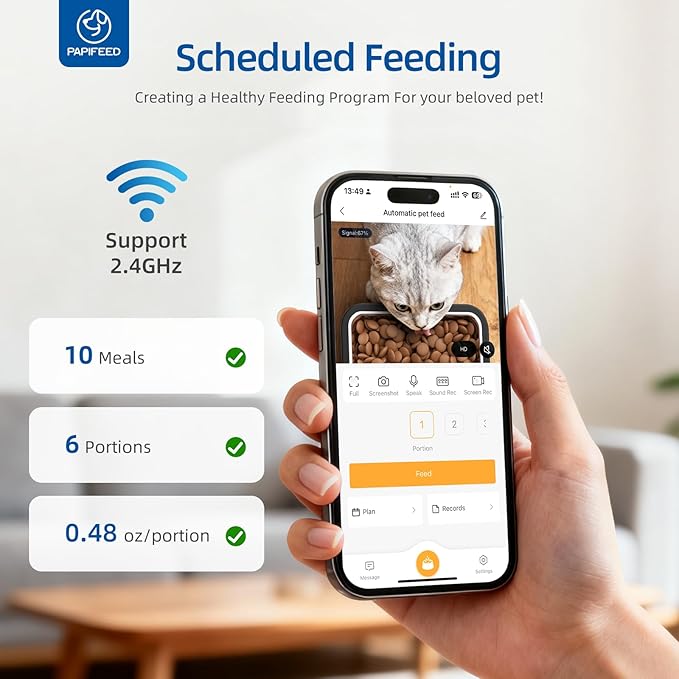 PAPIFEED Distributeur Automatique pour Chats 6L, Mangeoire Intelligente WiFi 2.4G avec Caméra et Audio Bidirectionnel, Angle Réglable, Nettoyage Facile, Programmation de 1 à 10 Repas Par Jour pour Chats et Petits Chiens - Noir