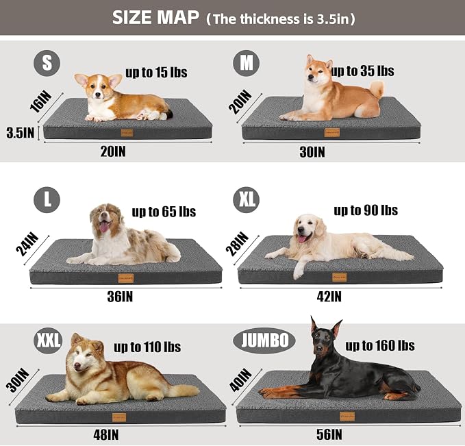 Patas Lague Orthopedic Large Dog Bed Pet Sofa Mat 48''X30'' Dark Grey | Egg-Crate Foam Dog Couch For Large Sized Dogs, Waterproof Removable Washable Cover, Soft Pet Crate Bed With Nonskid Bottom