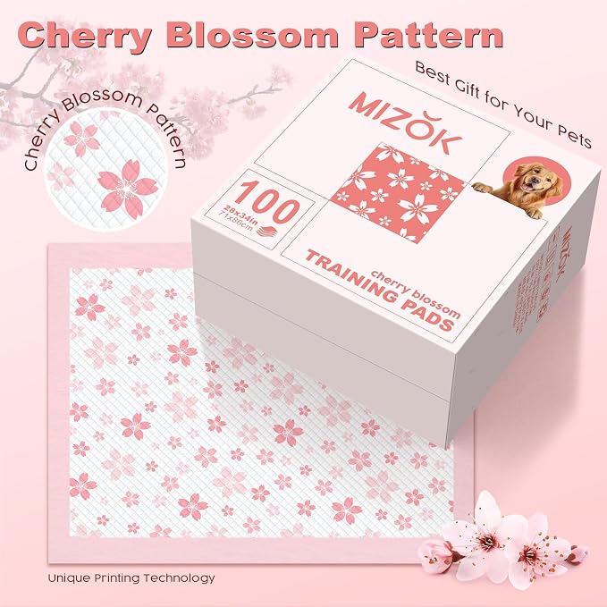 MIZOK Pink Puppy Pads with Adhesive Tabs Disposable Pee Pads 28x34in 100Ct | Heavy Duty Floor Protection Super Absorbent Large Pet Training Pads Use Sticky Bottom Strips to Keep Indoor Areas Mess Free