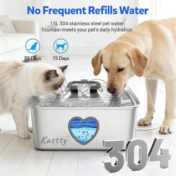 Kastty 4Gal/15L Stainless Steel Dog Water Fountain for Pets, Inside, FS80 | 5-Stage Filtration, Dual-Color LED, Visual Window, Large Medium & Multi-Pet