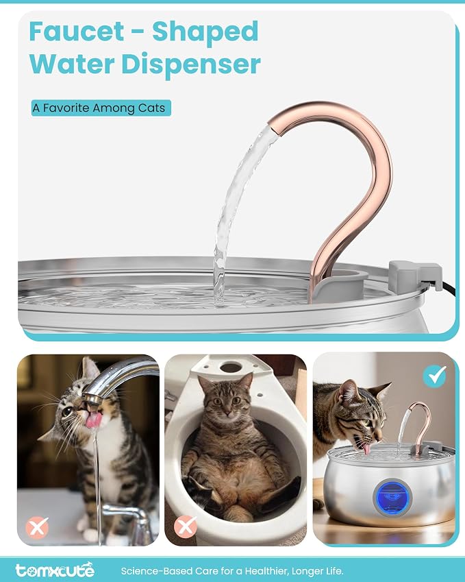 Tomxcute Stainless Steel Cat Water Fountain - 4.0L/135oz Copper Gooseneck - Ultra-Quiet Cat Fountains for Drinking - Dishwasher Safe - Indoor Pet Fountain for Cats, Terriers, Multiple Pets | Ultra Quiet Pump, Copper Gooseneck, Dishwasher Safe, Cat Foun...