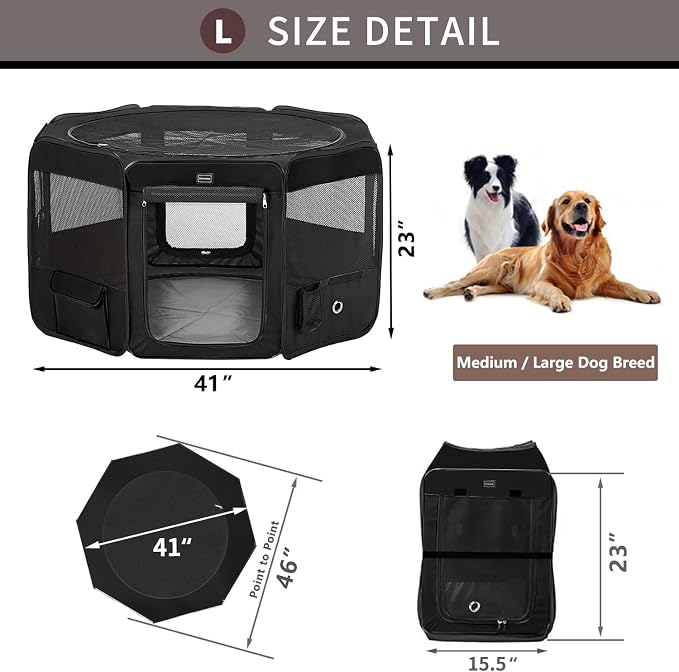 Dog Playpen Portable Pet Play Pens for Small Dog/Cat/Rabbit/Chicks, Cat Playpen Indoor/Outdoor with Carring Case, Removable Zipper Top and Bottom (Black, Large (46"x46"x23"), 8)