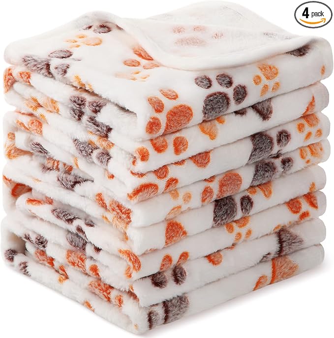 Tatuo 4 Pack Fleece Dog Blankets for Puppy Cats Multi-Size Sleep Mat for Pet Guinea Pig Soft Washable Warm Crate Bed Puppy Teething Toys Print Pattern Blanket Indoor(White,24 x 16 Inch,Paw)