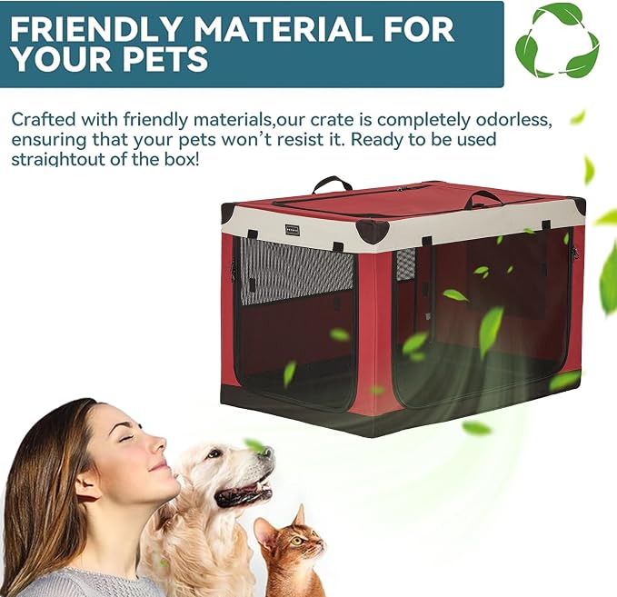 PETSFIT 36" Soft Portable Dog Crate – Patented Spiral Sturdy Frame, Collapsible Travel Kennel for Medium & Large Dogs, 3 Mesh Door, Lockable Zippers, Indoor & Car Use Red