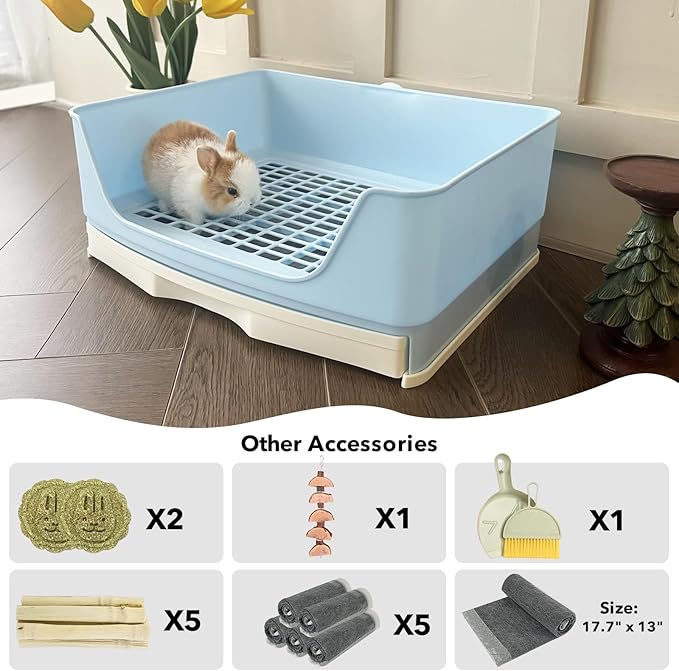 RUBYHOME Oversize Rabbit Litter Box with Drawer, Corner Toilet Box with Grate Potty Trainer, Bigger Pet Pan for Adult Guinea Pigs, Chinchilla, Ferret, Galesaur, Small Animals, 16.9 inch Long (Blue)