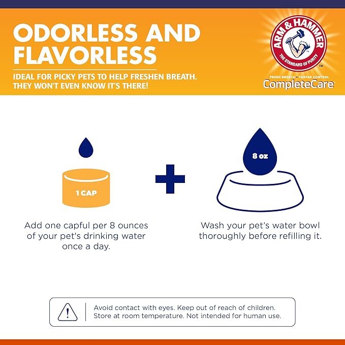 Arm & Hammer Complete Care Dental Water Additive for Cats, Cat Breath Freshener and Tartar Control, No Brushing Required, Odorless and Flavorless Cat Formula, 8 Fl Oz - 6 Pack