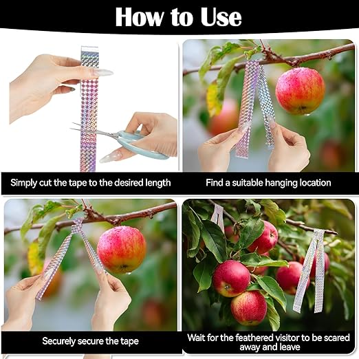 Reflective Bird Scare Tape – 2 Rolls 300FT Outdoor Reflective Ribbon, Double-Sided Shiny Tape for Garden, Yard, Orchard & Trees, Visual Bird Decoration