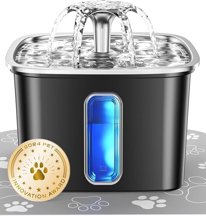 Veken Innovation Award Winner Stainless Steel Cat Water Fountain, 108oz | Automatic Pet Fountain Dog Water Dispenser with Replacement Filters & Silicone Mat for Cats, Dogs (Space Black)