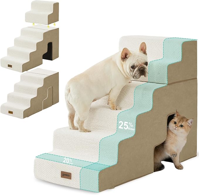 ZOMISIA Dog Stairs for High Beds with Tunnel, 29" H 6 Steps for Large Dog | Tunnel 2 in 1 with Zippers, Suitable for Short-Legged Dogs Get on Bed, Non-Slip Durable Dog Steps with High-Density Foam