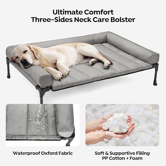 Veehoo Outdoor Elevated Dog Bed with Waterproof Bolster Cushion, Cooling | Raised Dog Bed with Removable & Washable Mat Topper, Breathable Mesh, Dog Couch Cot for Indoor Outdoor, 32", Medium, Grey