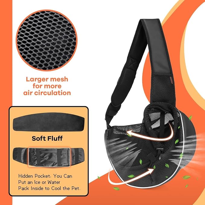 YUDODO Pet Sling Carrier for 5-9 lbs Small Dogs Cat Puppy Crossbody Carrier | Bottom support, Safety Hook, Large Zipper Pocket, Soft Breathable Mesh, Adjustable Strap, Reflective Strip, Black, M
