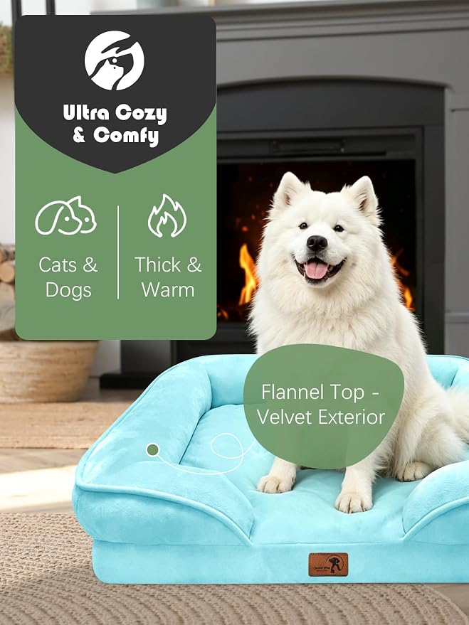 Spotted Play Orthopedic Dog Bed with Sides - Sofa Beds for Large Dogs, Supportive Foam Pet Couch Bed with Washable Removable Cover, Waterproof Lining and Non-Slip Bottom, Ice Blue - L-Plus