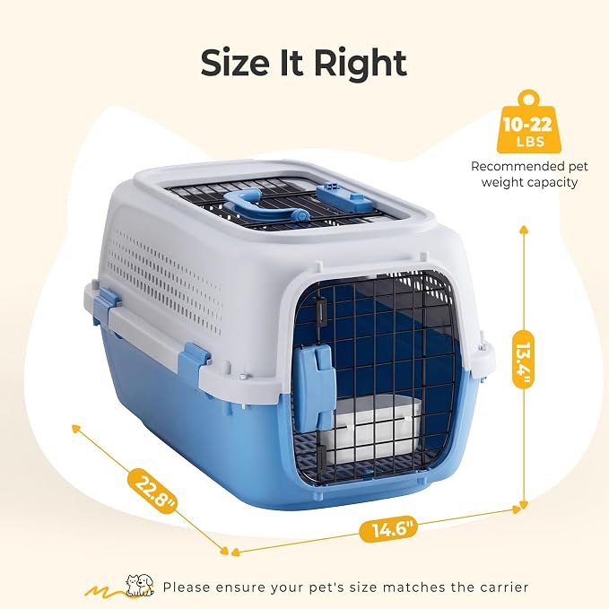 NEWBULIG 23" Hard-Sided Dog Carrier, Plastic Cat & Dog Crate, 4-Sided Ventilation Travel Pet Kennel, Top & Front Door Access, Integrated Food Bowl, for Small Pets up to 22 lbs, Grey & Blue