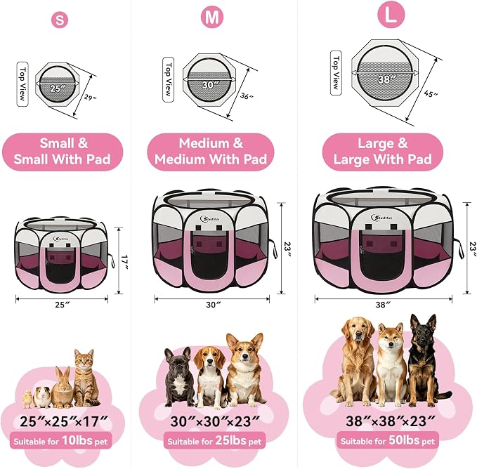 Sieidihit Dog Cat Pet Playpen Puppy Crate Cage Indoor Outdoor, Large Pink | Pet Nursing Enclosure Camping Rest Zone for Recovering Pets 600D waterproof polyester Oxford, Breathable double-layer mesh