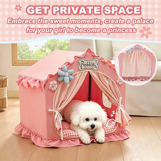 Indoor Dog House with Frame,Cute Dog Tent Bed with Cover Cave,Pink | Breathable,Washable,and Foldable House, Suitable for 8-16 Lb Puppy and Cats, Medium (17"×17"×17"),Inside Dog House